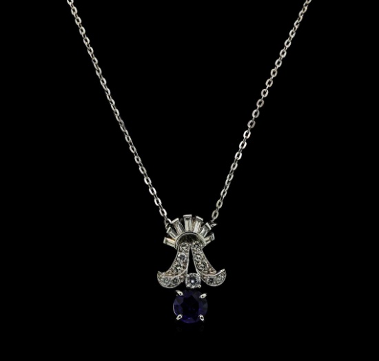 1.00 ctw Sapphire and Diamond Pendant With Chain - Platinum and 14KT White Gold