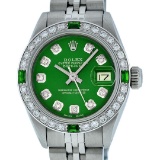 Rolex Ladies Stainless Steel Green Diamond & Emerald 26MM Datejust Wristwatch