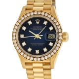 Rolex Ladies 18K Yellow Blue Vignette 1 ctw Diamond President Wristwatch With Ro