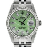 Rolex Mens Stainless Steel Green MOP Baguette Diamond & Emerald 36MM Datejust Wr