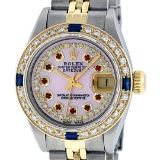 Rolex Ladies 2 Tone 14K Pink MOP Ruby & Sapphire Datejust Wriswatch