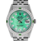Rolex Mens Stainless Steel Green Mother Of Pearl Diamond Datejust Wristwatch