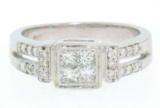 Modern 18k White Gold Princess & Pave Diamond Band Ring in Invisible Setting