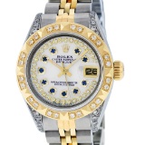 Rolex Ladies 2 Tone 18K MOP Sapphire String Diamond Lugs Datejust Wristwatch Wit