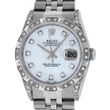 Rolex Mens Stainless Steel Mother Of Pearl Diamond Lugs & Pyramid Bezel Datejust