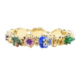 Multi-Colored Gemstone Vintage Slide Charm Bracelet - 14KT Yellow Gold