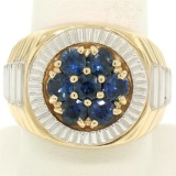 Men's 14k Two Tone Gold 2.50 ctw Round Sapphire Cluster Ribbed BOLD Ring