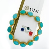 18k Yellow Gold GIA Certified Large Cabochon Greenish Blue Turquoise Statement N