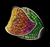 18KT White Gold 3.68 ctw Multi-colored Sapphire and Tsavorite Garnet Ring