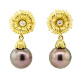 0.10 ctw Diamond and Tahitian Pearl Floral Earrings - 18KT Yellow Gold