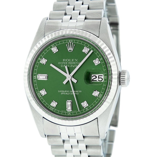 Rolex Mens Stainless Green Diamond 36MM Datejust Wristwatch