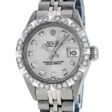 Rolex Ladies Stainless Steel Silver Pyramid Diamond Datejust Wristwatch