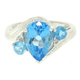 14k White Gold 4.33 ctw Pear & Round Swiss Blue Topaz Ring w/ 2 Diamond Accents