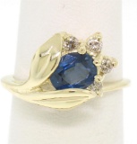 14K Solid Yellow Gold 1.14 ctw Oval Sapphire Blooming Flower Ring Diamond Accent
