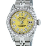 Rolex Ladies Stainless Steel 26MM Yellow String Diamond Lugs Datejust Wristwatch