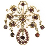 Vintage 14k Yellow Gold 6.75 ctw Round Garnet Open Work Dangle Pin Brooch Pendan