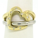 Estate 18k Two Tone Gold 0.12 ctw Round Cut Diamond Open Interlocking Heart Ring
