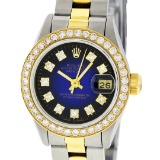 Rolex Ladies 2 Tone 14K Blue Vignette VS Diamond Oyster Datejust Wristwatch