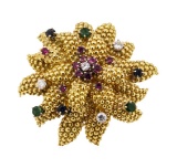 3.34 ctw Emerald, Sapphire, Ruby and Diamond Pendant-Pin - 22KT Yellow Gold