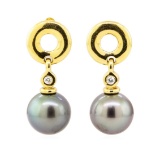 0.08 ctw Diamond and Black Tahitian Pearl Earrings - 18KT Yellow Gold