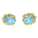 14K Yellow Gold 1.18 ctw Oval Blue Topaz & Round Diamond Halo Stud Earrings