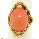 18k Yellow Gold Large Cabochon FINE Coral Nugget Textured Solitaire Ring