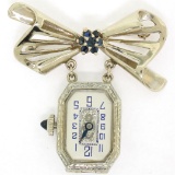 Vintage 18K Gold 12pt Sapphire 15 Jewels Untermeyer Robbins Watch Bow Pin Brooch