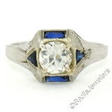 Antique Art Deco 18kt White Gold 0.65 ctw European Diamond and Sapphire Ring