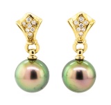 0.15 ctw Diamond and Pearl Earrings - 18KT Yellow Gold