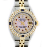 Rolex Ladies 2 Tone 14K Pink MOP Ruby & Sapphire Datejust Wriswatch