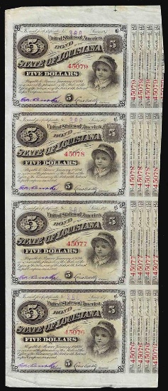 Uncut Sheet of (4) State of Louisiana Baby Bond Obsolete Notes