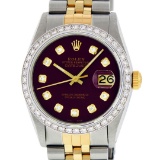 Rolex Mens 2 Tone 14K Maroon Diamond 36MM Datejust Wristwatch
