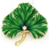 Unique Omega Vintage 14K Yellow Gold Green Enamel & Diamond Detailed Leaf Brooch