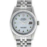 Rolex Mens Stainless Steel Mother Of Pearl Diamond & Emerald Datejust Wristwatch