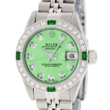 Rolex Ladies Stainless Steel Quickset Green Diamond & Emerald Wristwatch