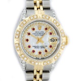 Rolex Ladies 2 Tone 14K MOP Ruby & Pyramid Diamond Datejust Wriswatch