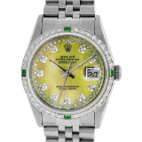 Rolex Mens Stainless Steel Yellow MOP & Emerald Datejust Wristwatch