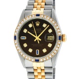 Rolex Mens 2 Tone 14K Brown Diamond & Sapphire 36MM Datejust Wristwatch