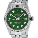 Rolex Mens Stainless Steel Green Diamond & Emerald 36MM Datejust Wristwatch