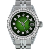 Rolex Ladies Stainless Steel Green Vignette Diamond Lugs & Datejust Wristwatch