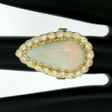 Vintage French 14k Gold 4.95 ctw Elongated Pear Opal & Diamond Halo Cocktail Rin