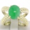 14k Solid Gold Open Twisted Wire Bands Open Wide Cabochon Green Jade Ring