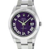Rolex Mens SS 41MM Purple Roman Diamond Datejust 2 Oyster Band Wristwatch With B