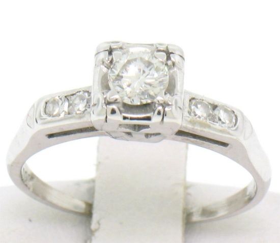 Vintage 14K White Gold 0.37 ctw Diamond Engagement Ring with 4 Accent Diamonds