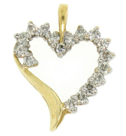 10K Solid Yellow Gold .50 ctw Partial Diamond Outlined Open Heart Pendant Charm