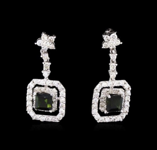0.85 ctw Green Tourmaline and Diamond Earrings - 14KT White Gold