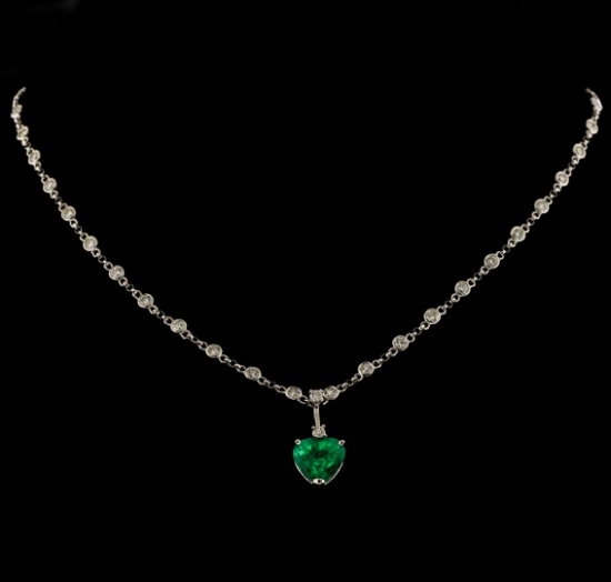 3.82 ctw Emerald and Diamond Pendant With Chain - 14KT White Gold