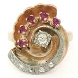 Retro Vintage 14kt Rose Gold and Platinum 0.65 ctw Diamond and Ruby Swirl Ring