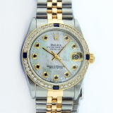 Rolex Mens 2 Tone 14K Mother Of Pearl Sapphire Datejust Wristwatch