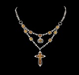 11.41 ctw Orange Sapphire and Diamond Necklace - 18KT White Gold